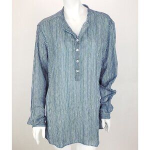 New Miniature Auroville Shirt Mens M Blue Striped Block Print Long Cotton